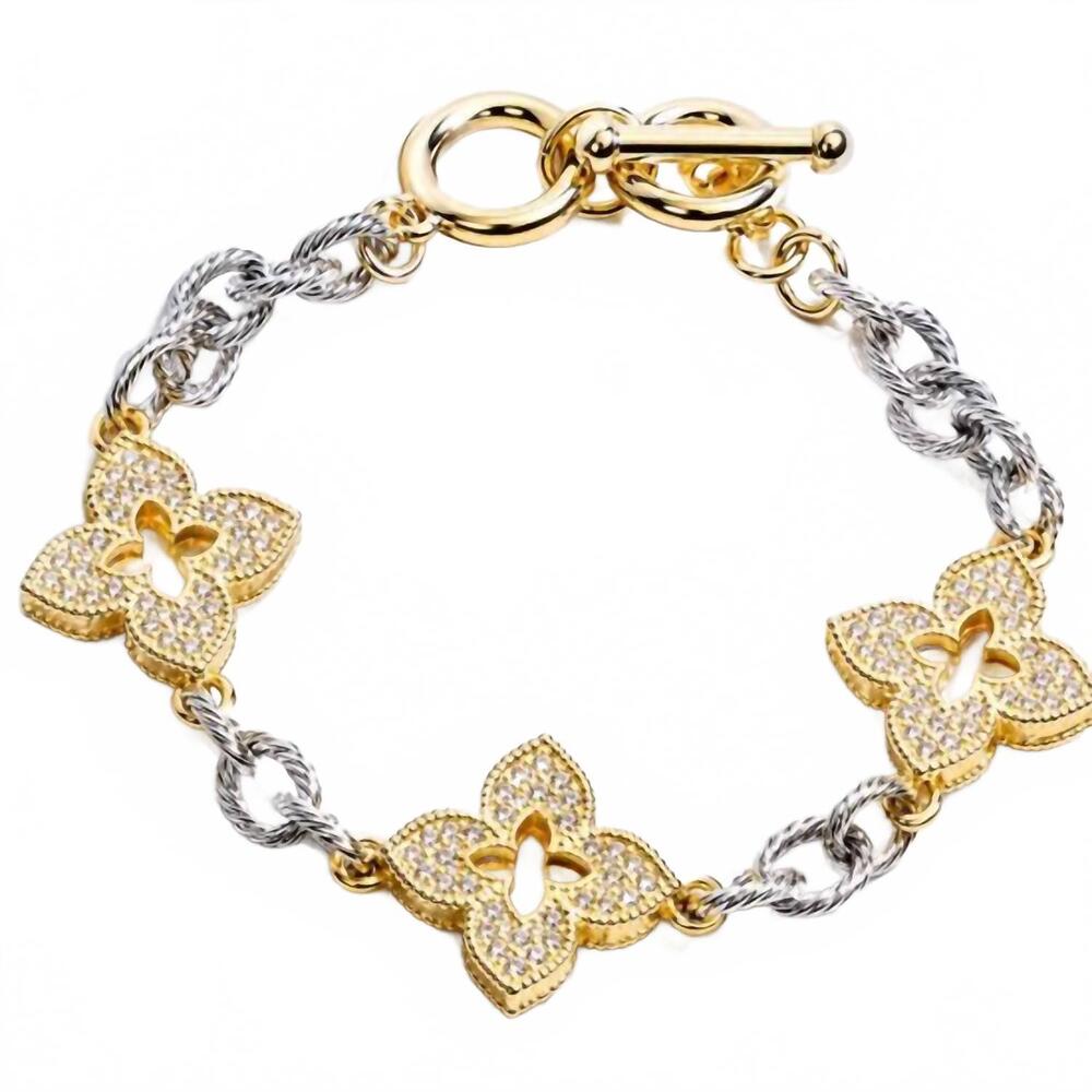 NEW FASHION CITY women's clover pavé mixed metal link bracelet in silver/gold